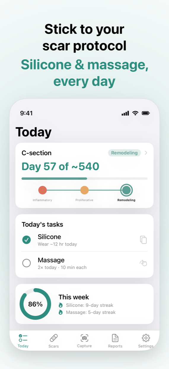 Dashboard with today's silicone and massage tasks and adherence streak